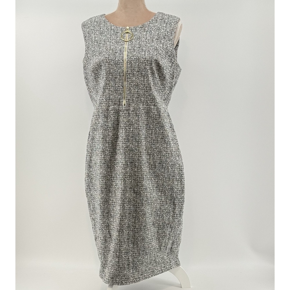 Calvin Klein Womens 14 Sheath Dress White Black Stretch Zipper Tweed Look Career